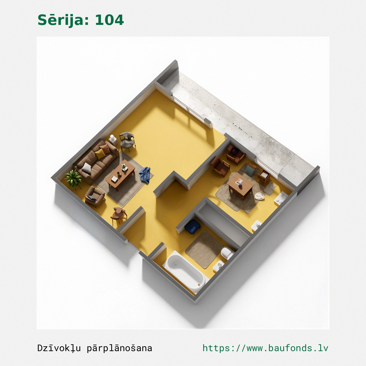 Vieno kambario butas, 104 serija (104-E3/1). Plotas 15-27 m² / C