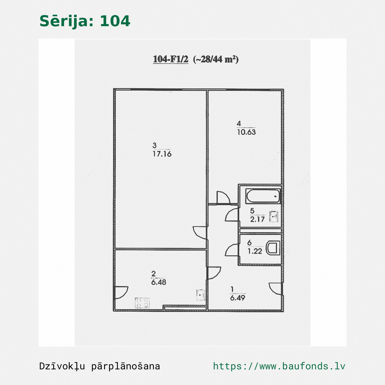 Two-bedroom apartment, Series 104 (104-F1/2). Area 28-44 m² / A