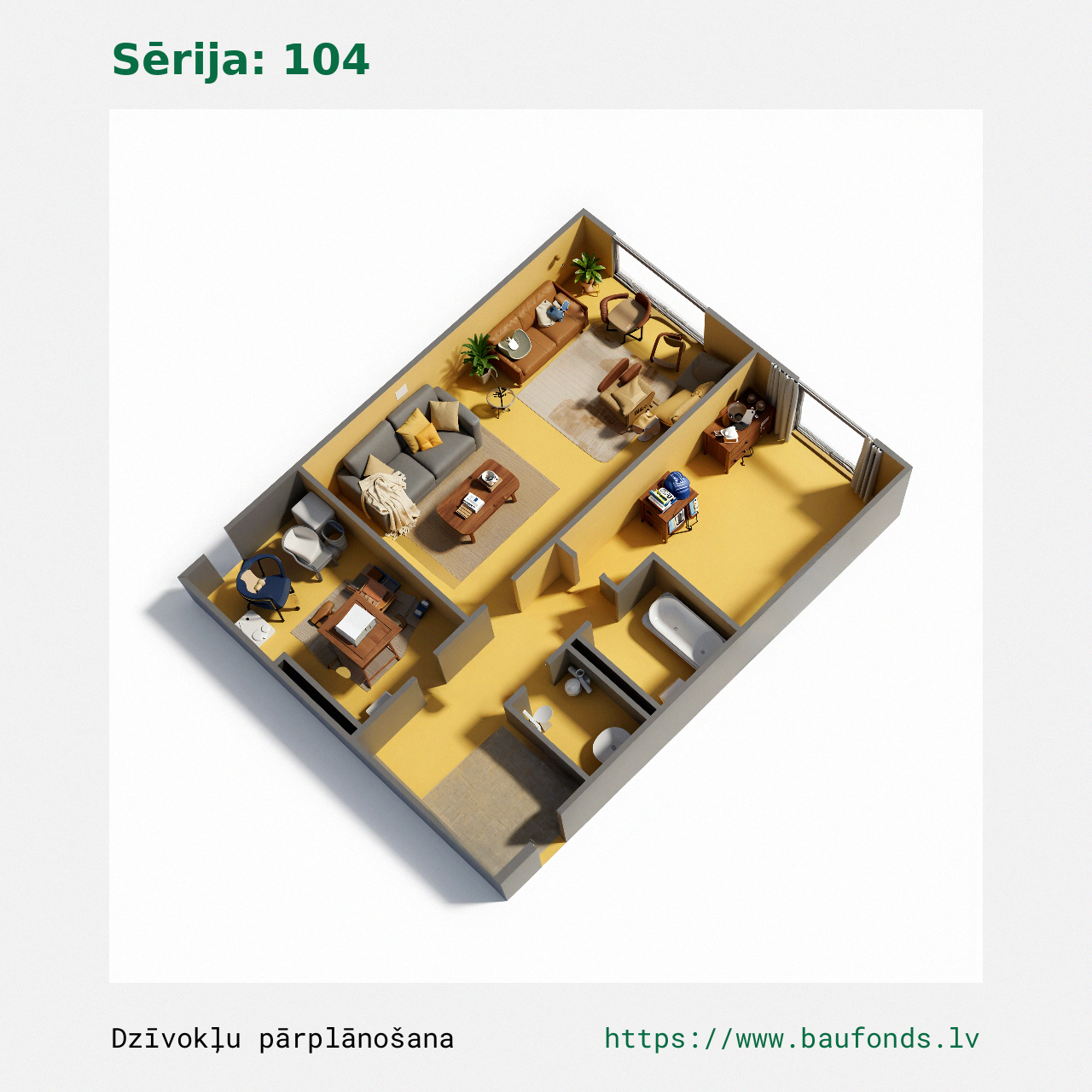 Two-bedroom apartment, Series 104 (104-F1/2). Area 28-44 m² / C