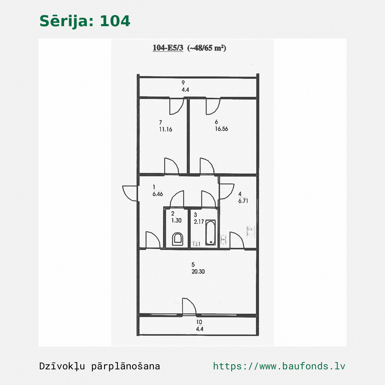 Trijų kambarių butas, 104 serija (104-E5/3). Plotas 48-65 m² / A