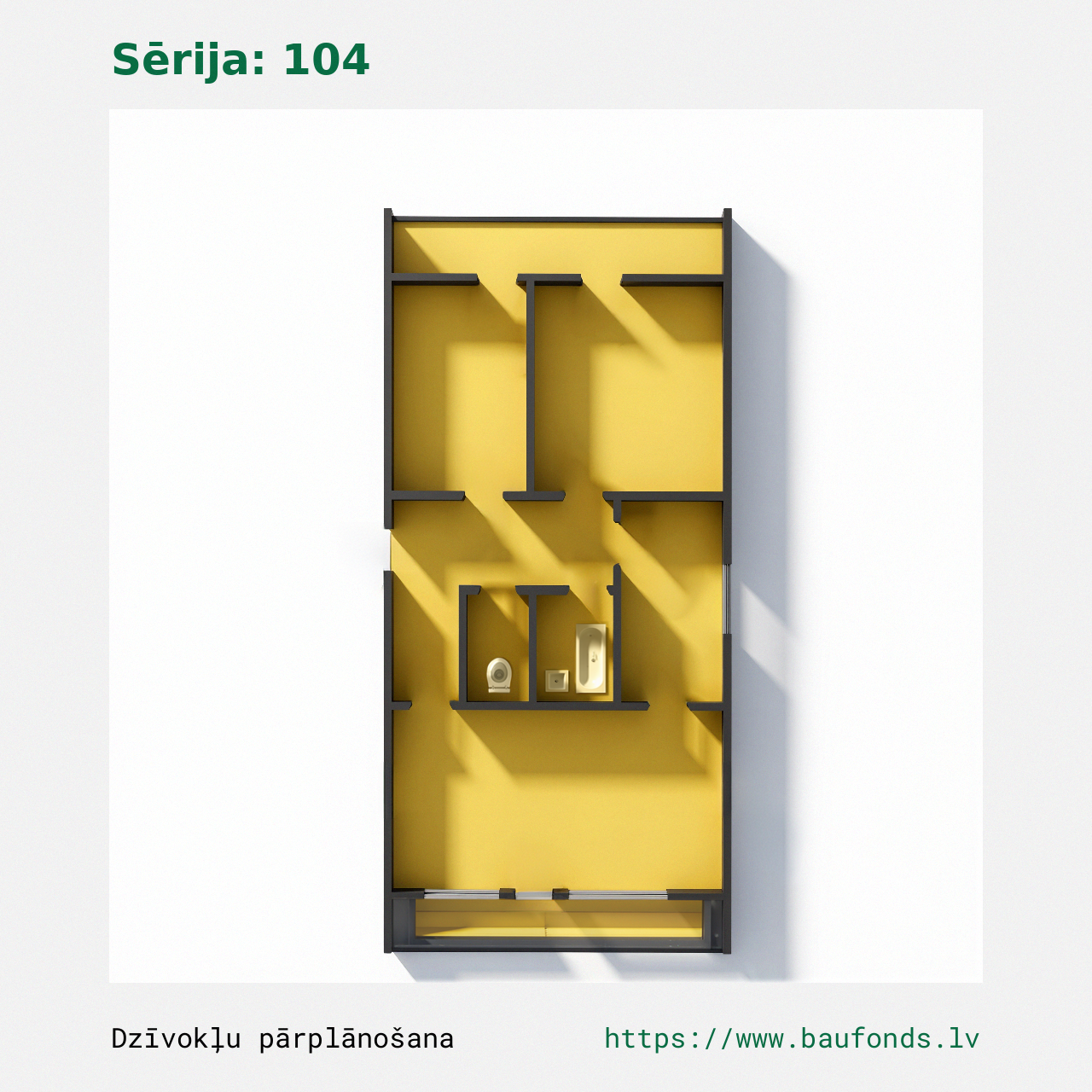 Trijų kambarių butas, 104 serija (104-E5/3). Plotas 48-65 m² / B