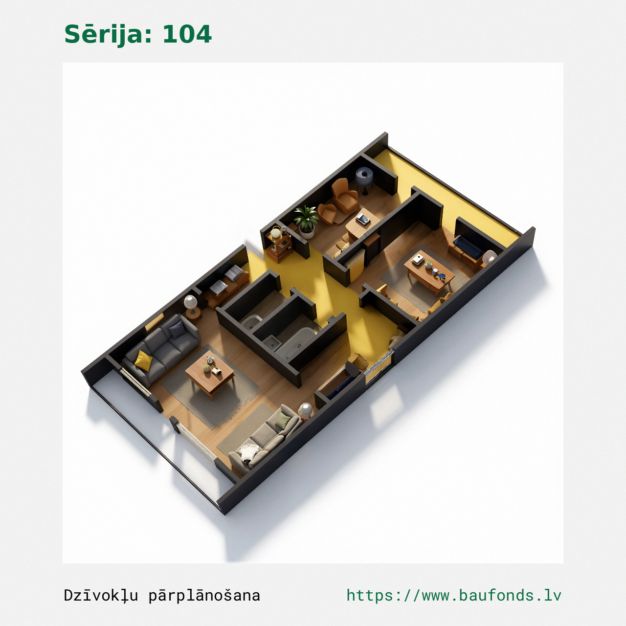 Trijų kambarių butas, 104 serija (104-E5/3). Plotas 48-65 m² / C