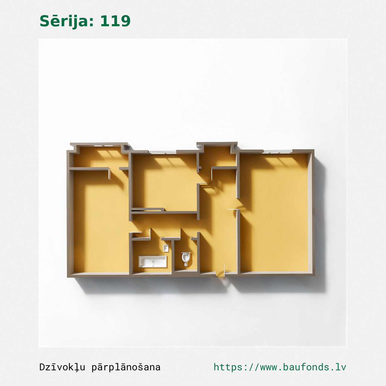 Dviejų kambarių butas, 119 serija (119-A2/2). Plotas 31-55 m² / B