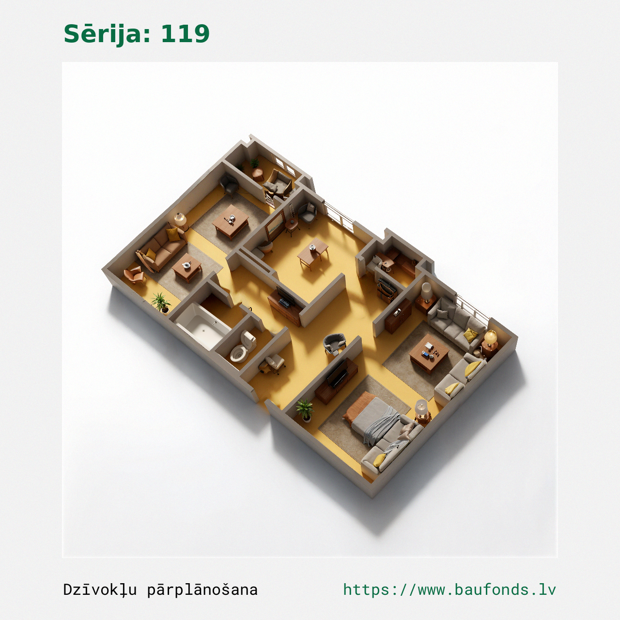 Dviejų kambarių butas, 119 serija (119-A2/2). Plotas 31-55 m² / C