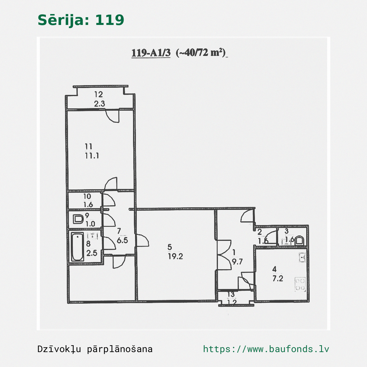 Three-bedroom apartment, Series 119 (119-A1/3). Area 40-72 m² / A