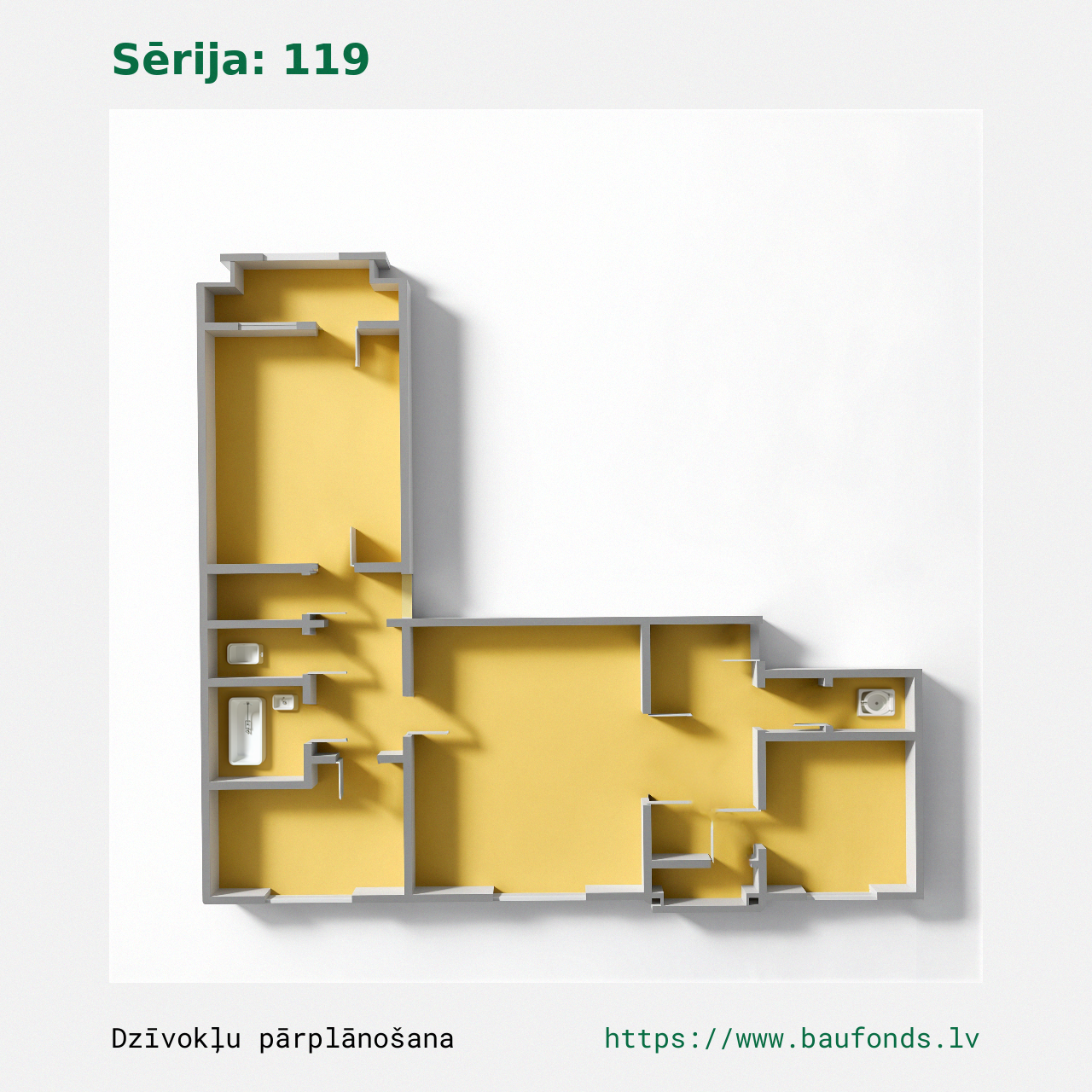Three-bedroom apartment, Series 119 (119-A1/3). Area 40-72 m² / B