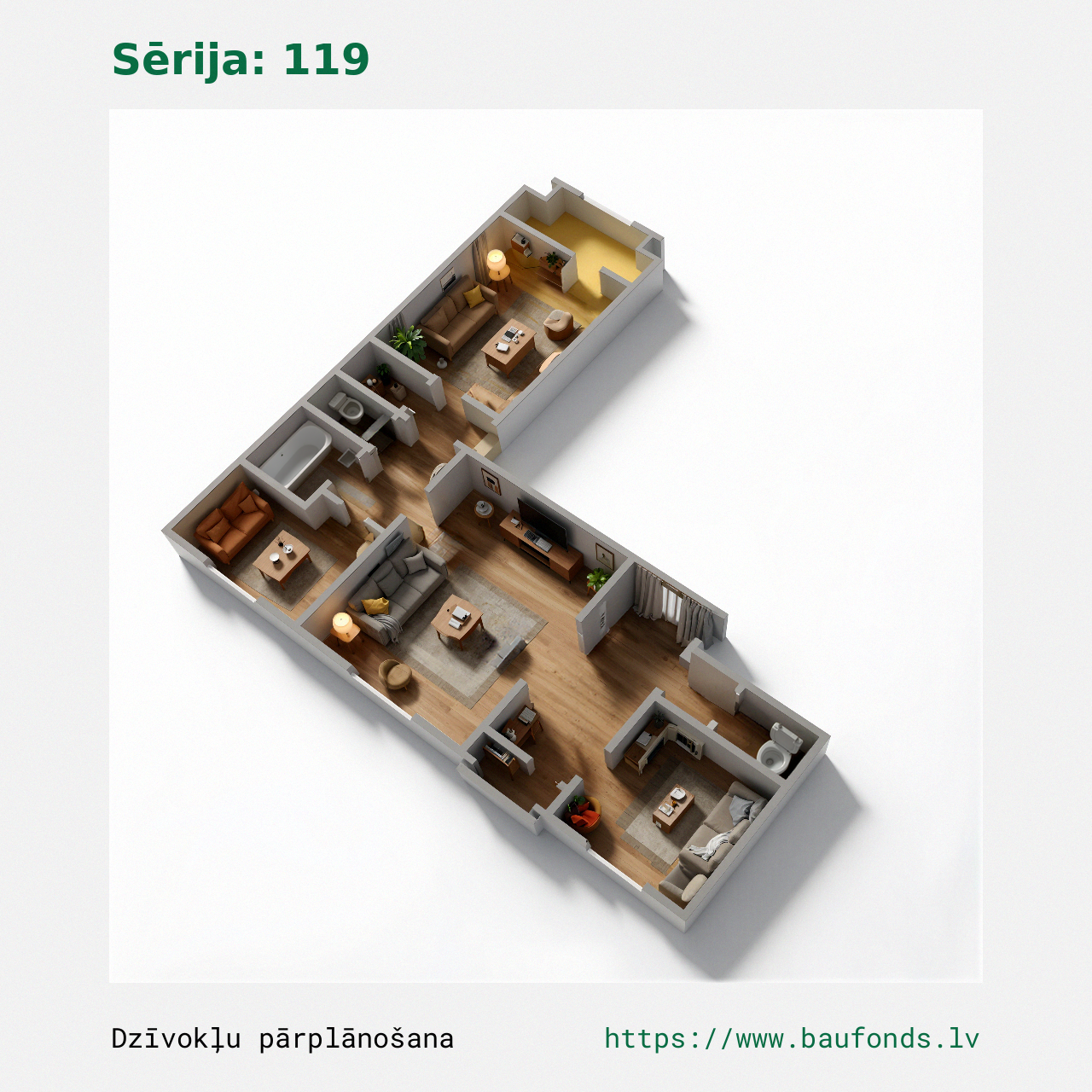 Three-bedroom apartment, Series 119 (119-A1/3). Area 40-72 m² / C