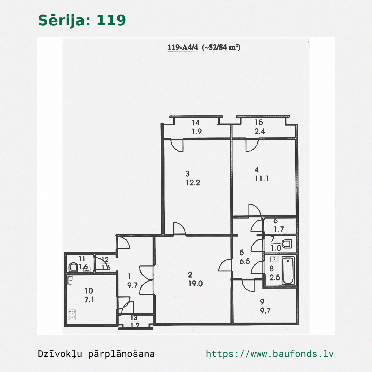Four-bedroom apartment, Series 119 (119-A4/4). Area 52-84 m² / A