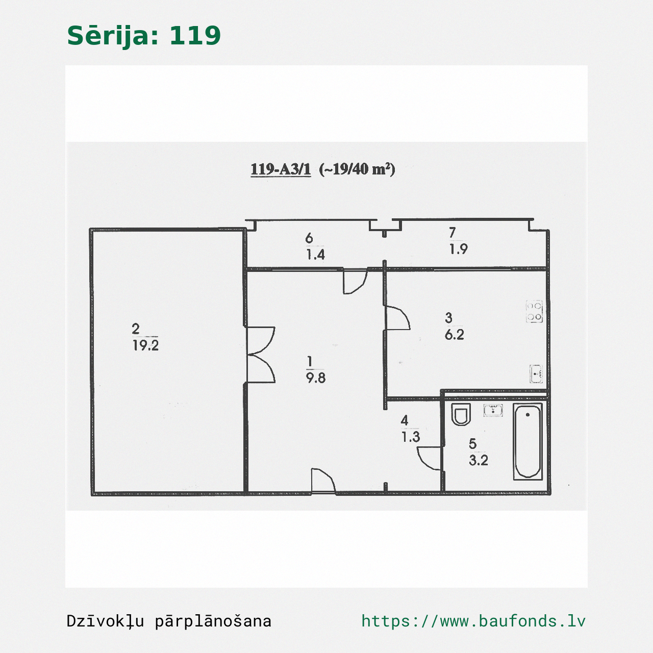 One-bedroom apartment, Series 119 (119-A3/1). Area 19-40 m² / A