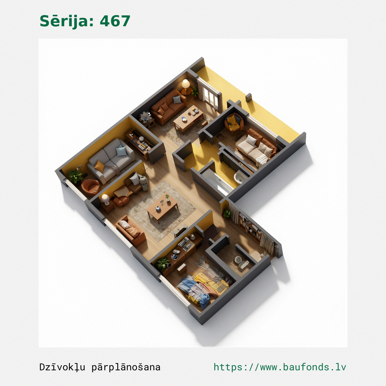 Four-bedroom apartment, Series 467 (467-A1/4). Area 51-71 m² / C