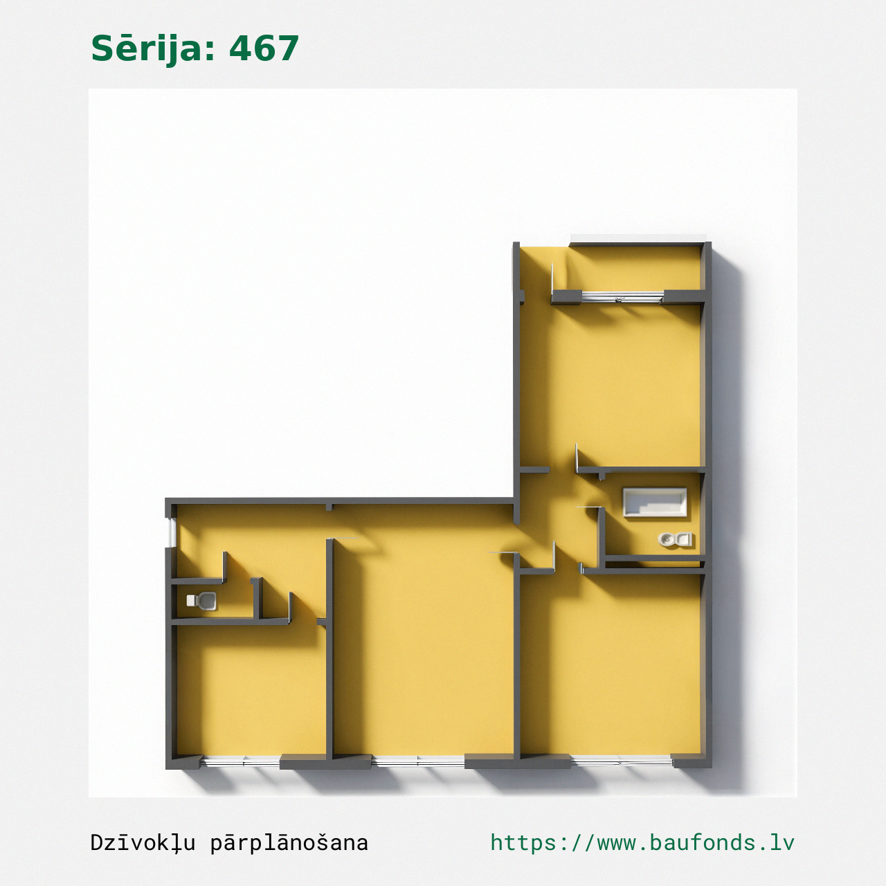 Trijų kambarių butas, 467 serija (467-A4/3). Plotas 38-57 m² / B