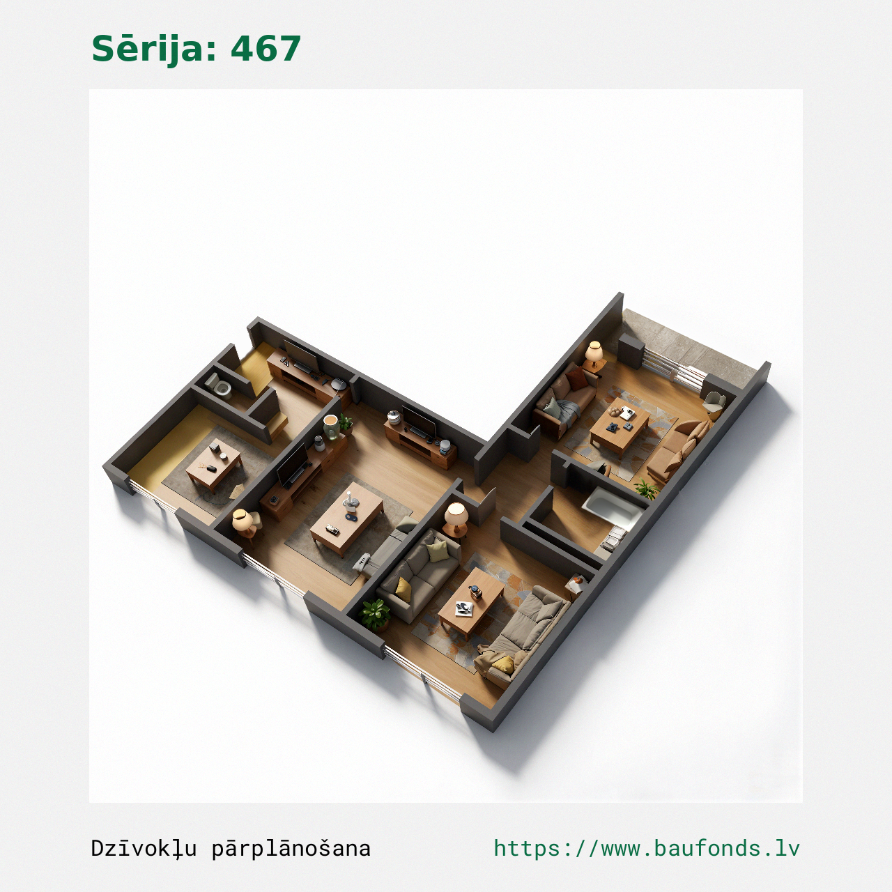 Trijų kambarių butas, 467 serija (467-A4/3). Plotas 38-57 m² / C