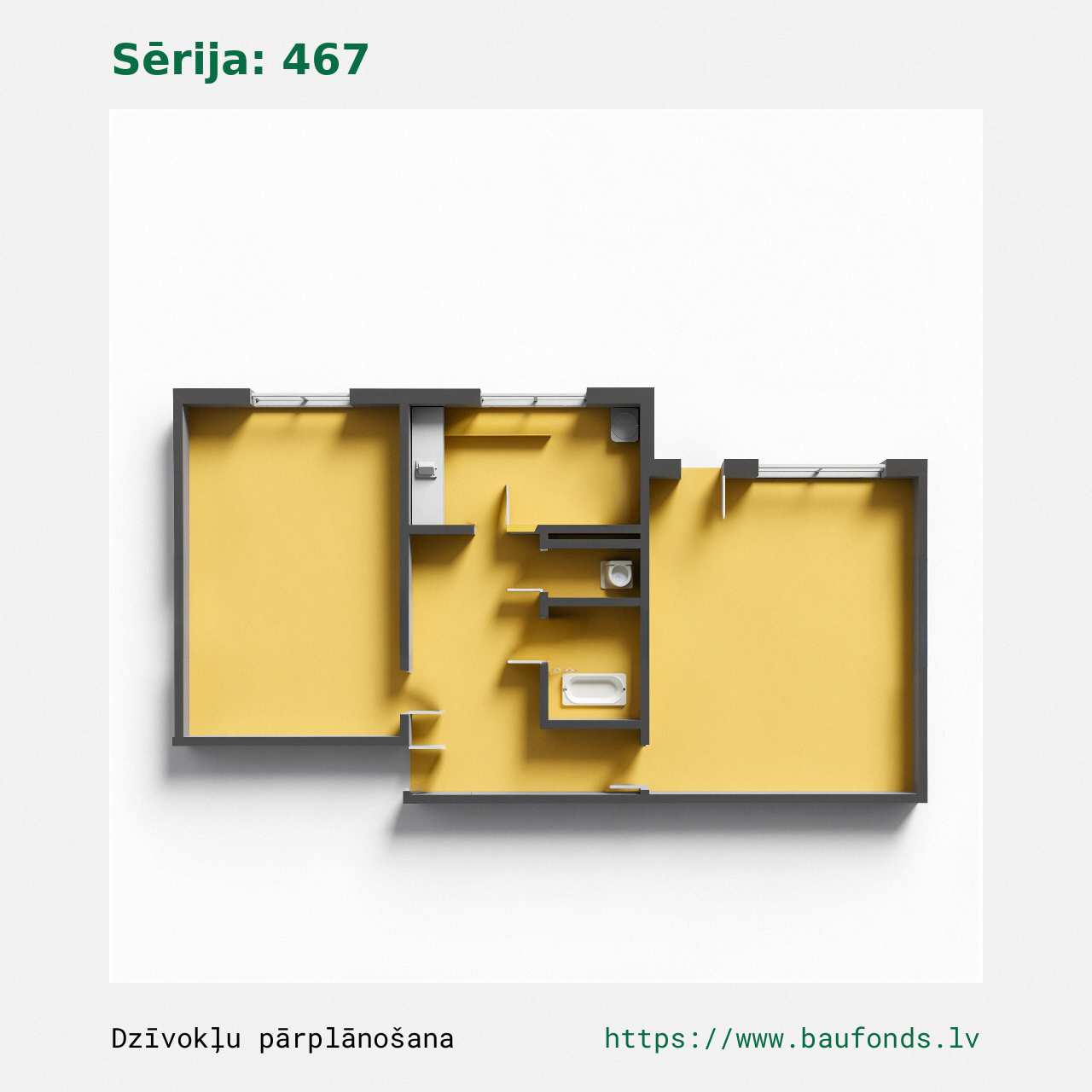 Dviejų kambarių butas, 467 serija (467-A3/2). Plotas 30-47 m² / B