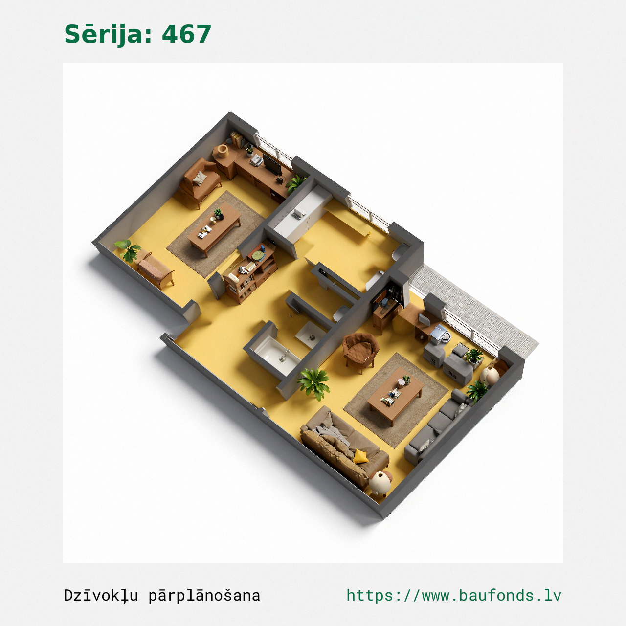 Dviejų kambarių butas, 467 serija (467-A3/2). Plotas 30-47 m² / C
