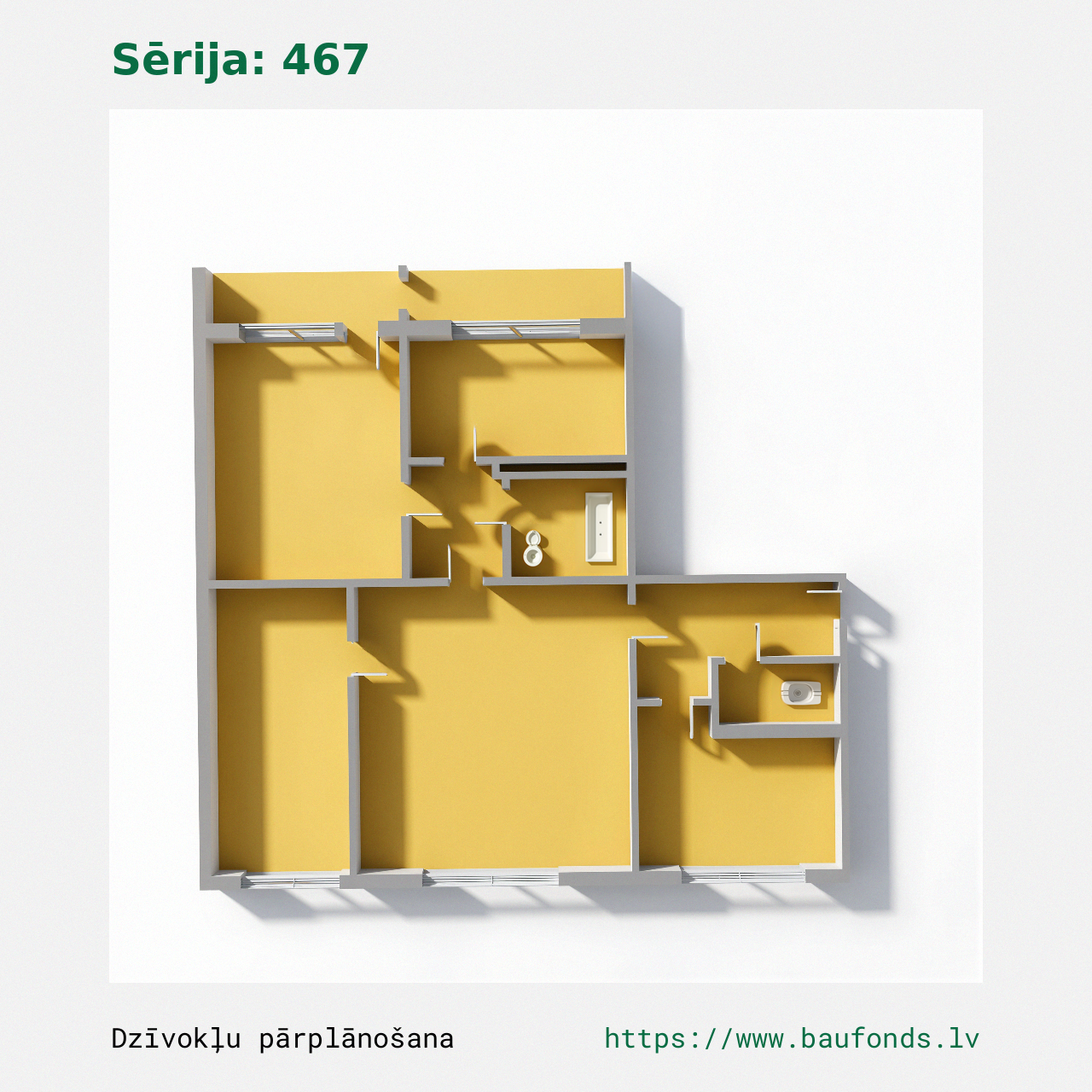 Four-bedroom apartment, Series 467 (467-B1/4). Area 52-71 m² / B