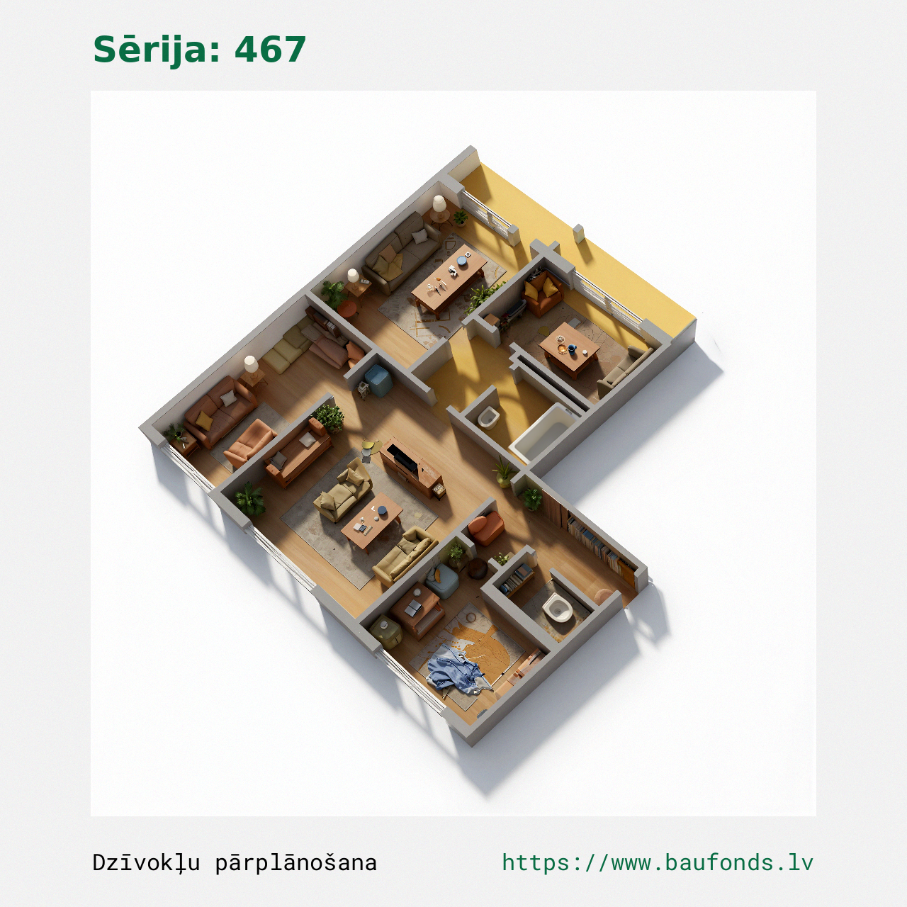 Four-bedroom apartment, Series 467 (467-B1/4). Area 52-71 m² / C