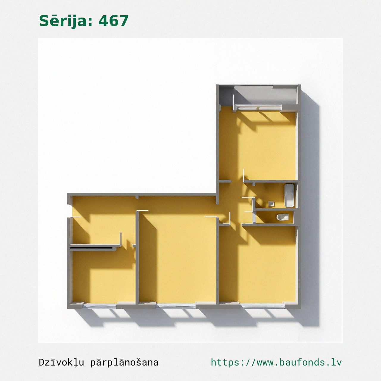 Trijų kambarių butas, 467 serija (467-B4/3). Plotas 36-57 m² / B