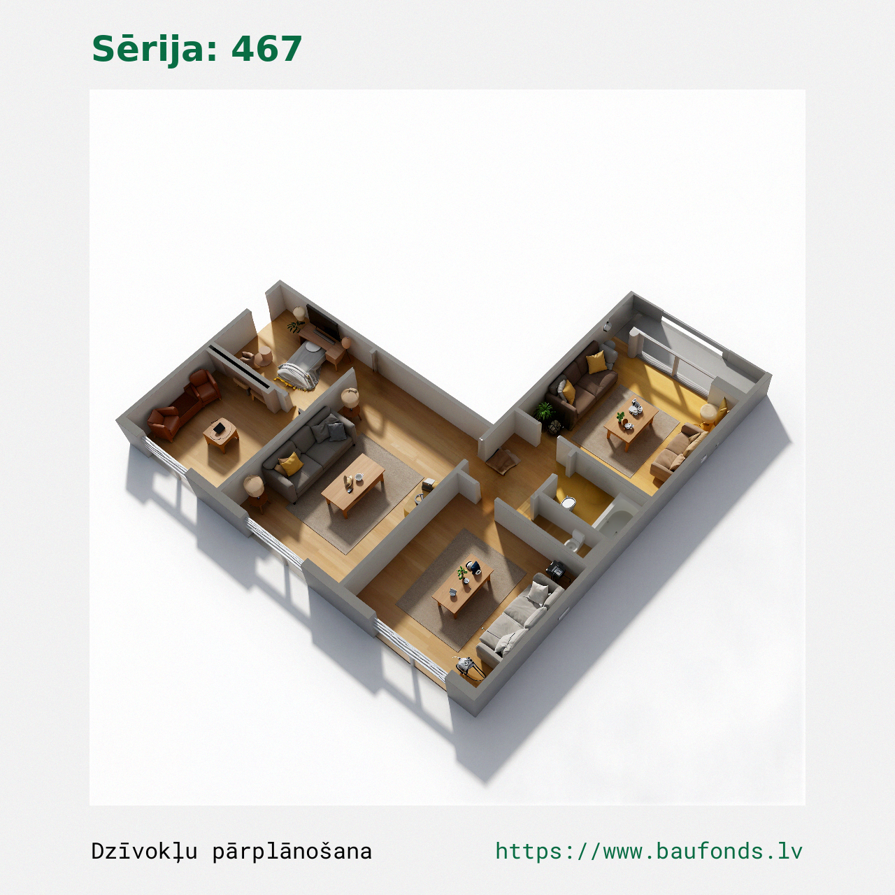 Trijų kambarių butas, 467 serija (467-B4/3). Plotas 36-57 m² / C