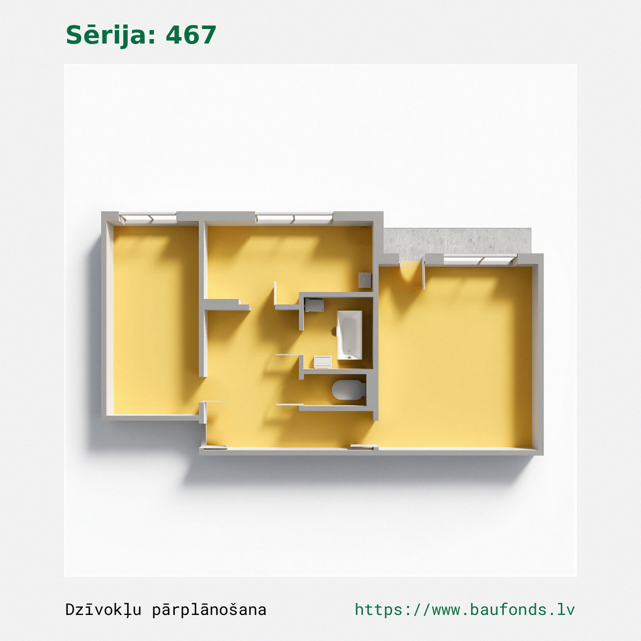 Dviejų kambarių butas, 467 serija (467-B3/2). Plotas 28-46 m² / B