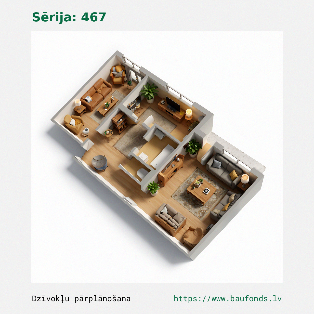 Dviejų kambarių butas, 467 serija (467-B3/2). Plotas 28-46 m² / C