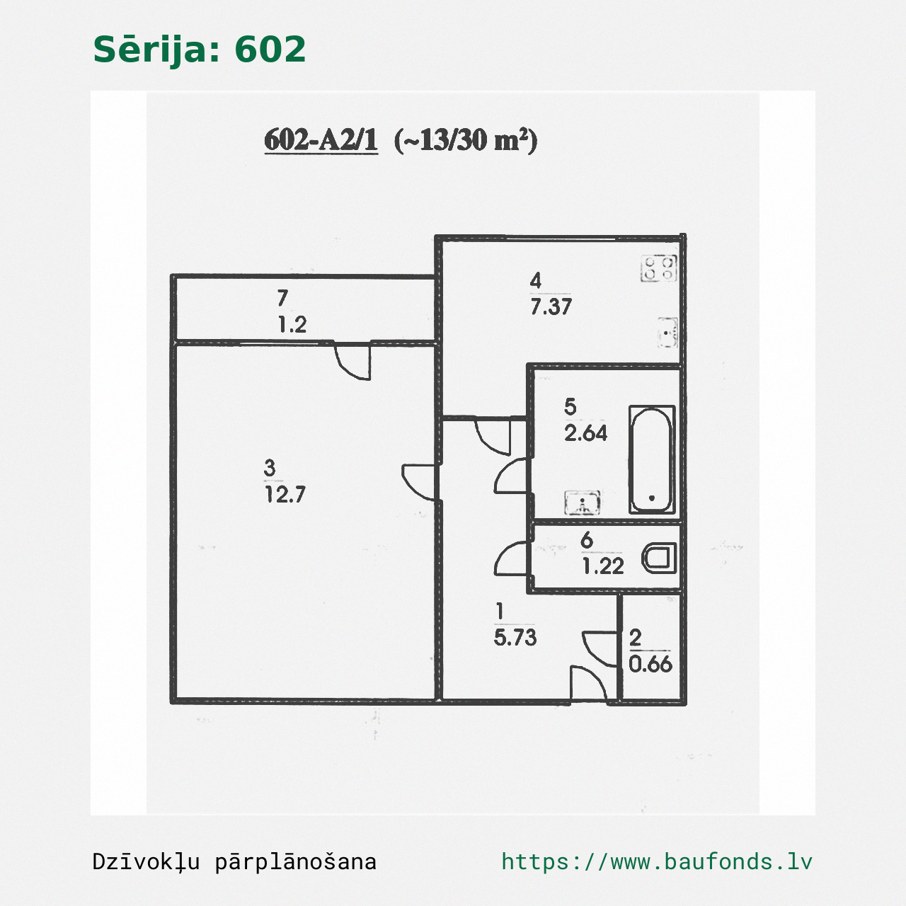 One-bedroom apartment, Series 602 (602-A2/1). Area 13-30 m² / A