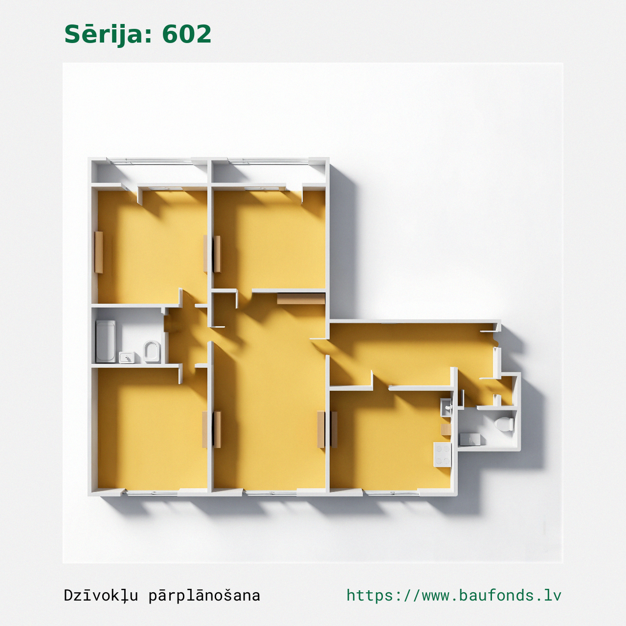 Four-bedroom apartment, Series 602 (602-A1/4). Area 50-74 m² / B