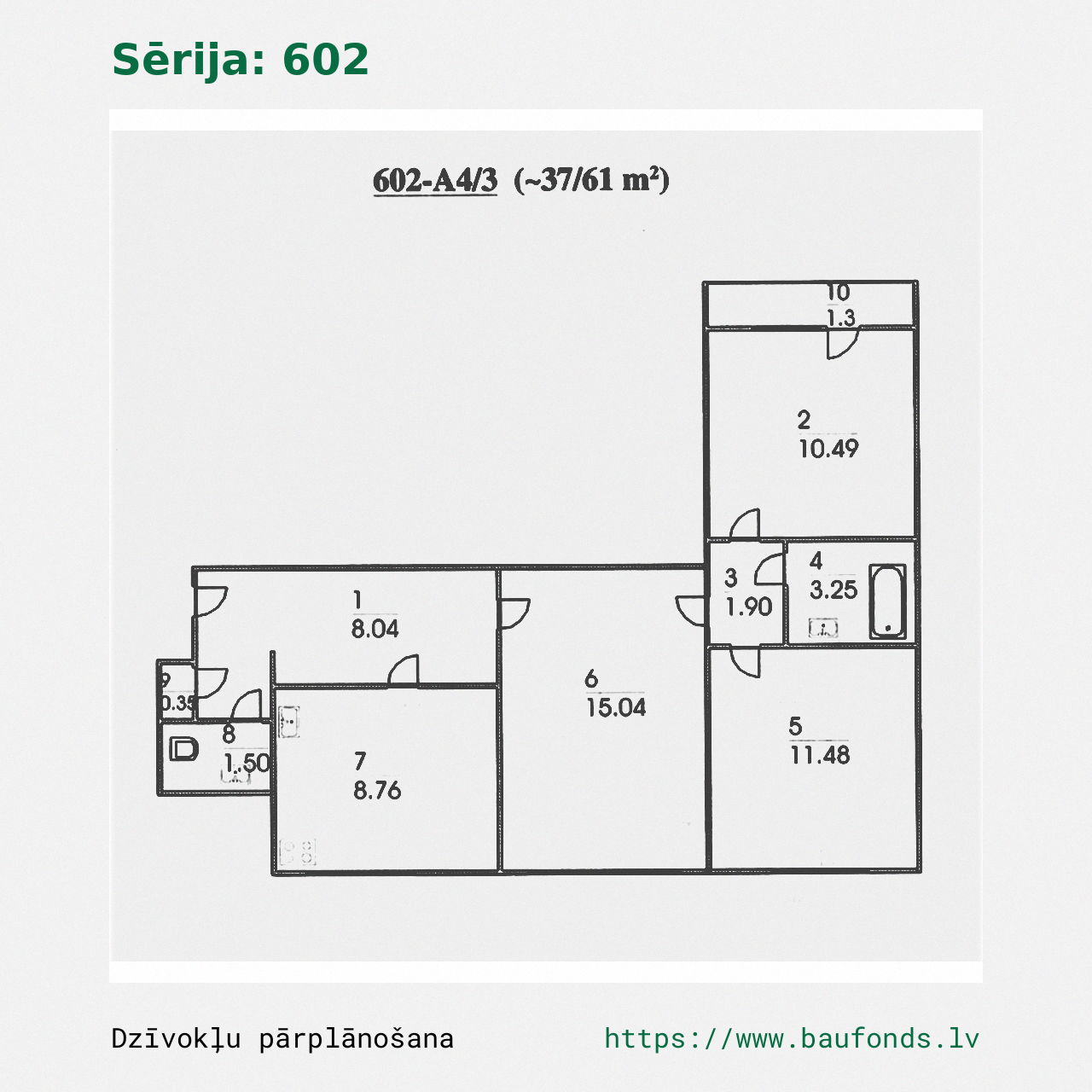 Three-bedroom apartment, Series 602 (602-A4/3). Area 37-61 m² / A