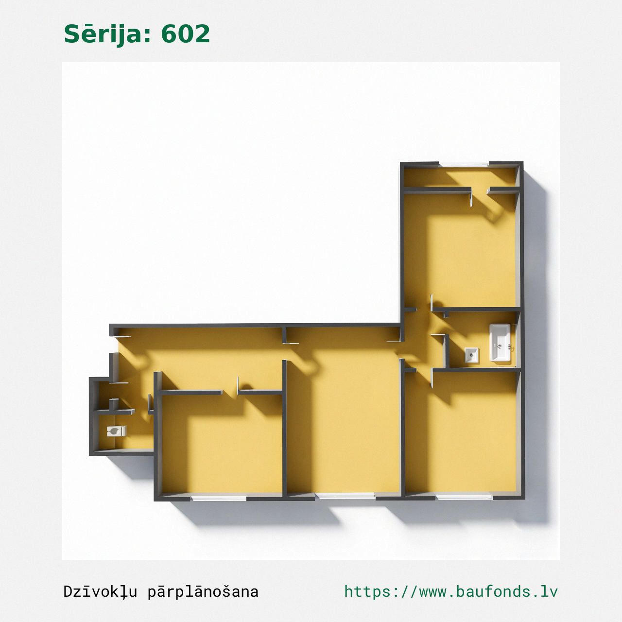 Three-bedroom apartment, Series 602 (602-A4/3). Area 37-61 m² / B