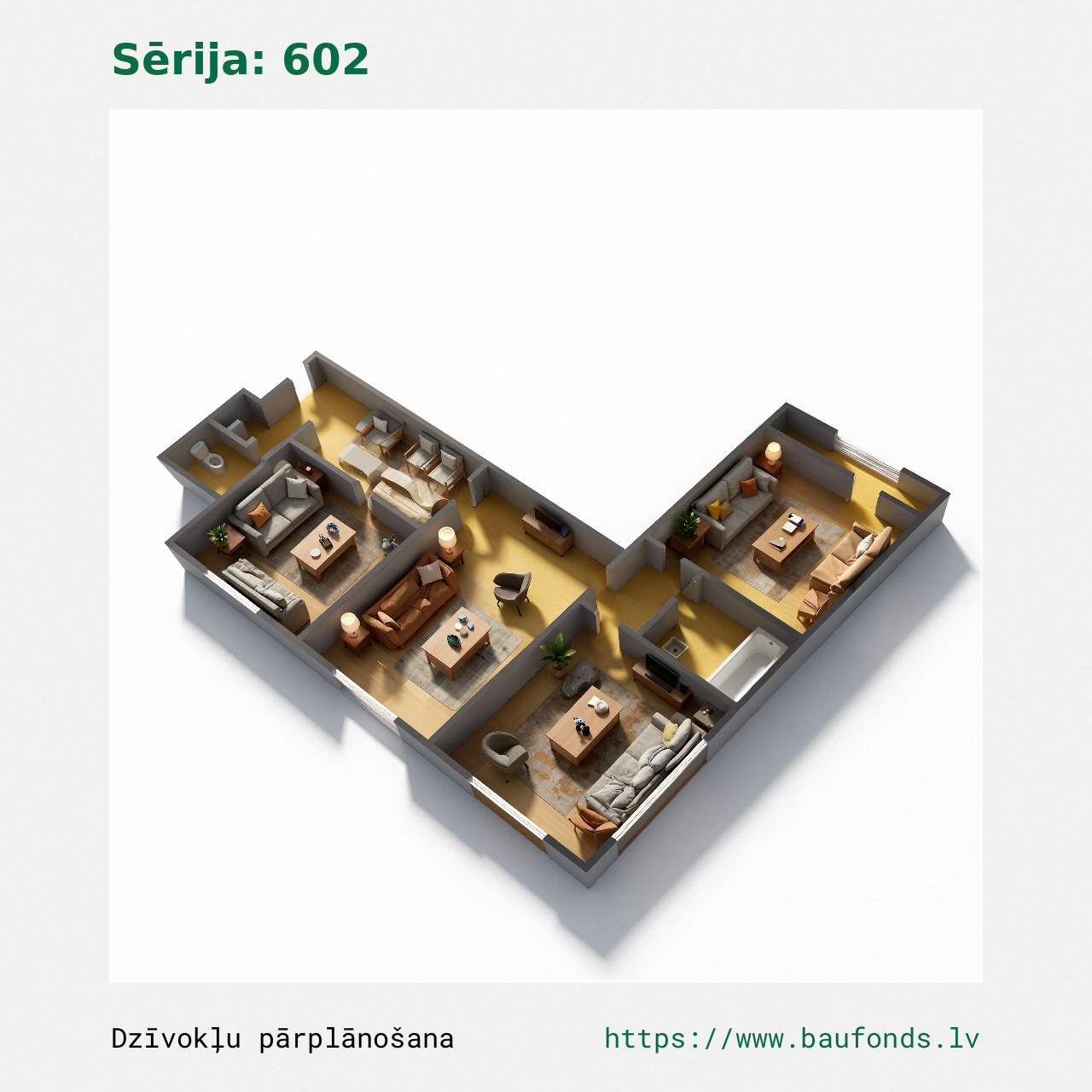 Three-bedroom apartment, Series 602 (602-A4/3). Area 37-61 m² / C