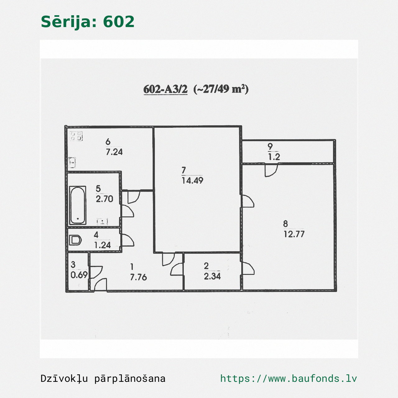 Two-bedroom apartment, Series 602 (602-A3/2). Area 27-49 m² / A
