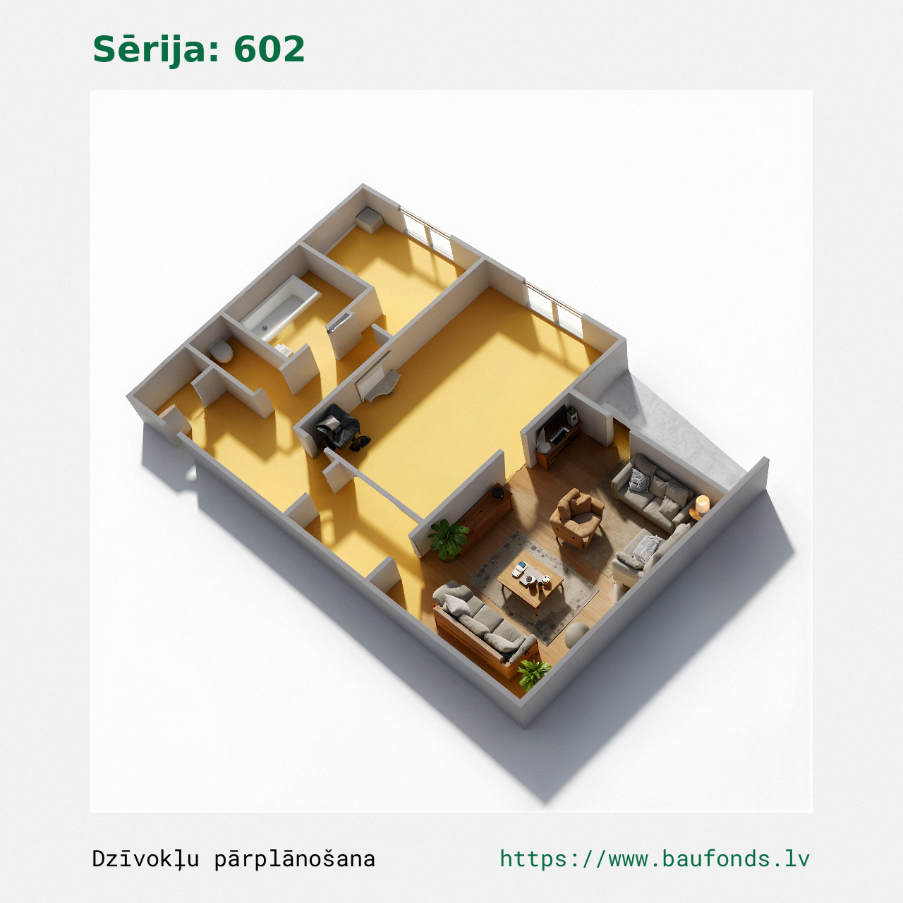 Two-bedroom apartment, Series 602 (602-A3/2). Area 27-49 m² / C
