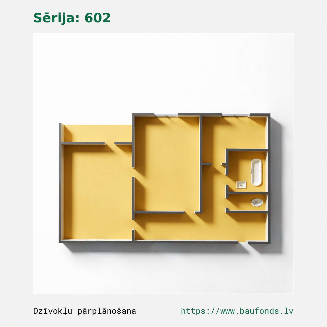 Dviejų kambarių butas, 602 serija (602-B2/2). Plotas 28-50 m² / B