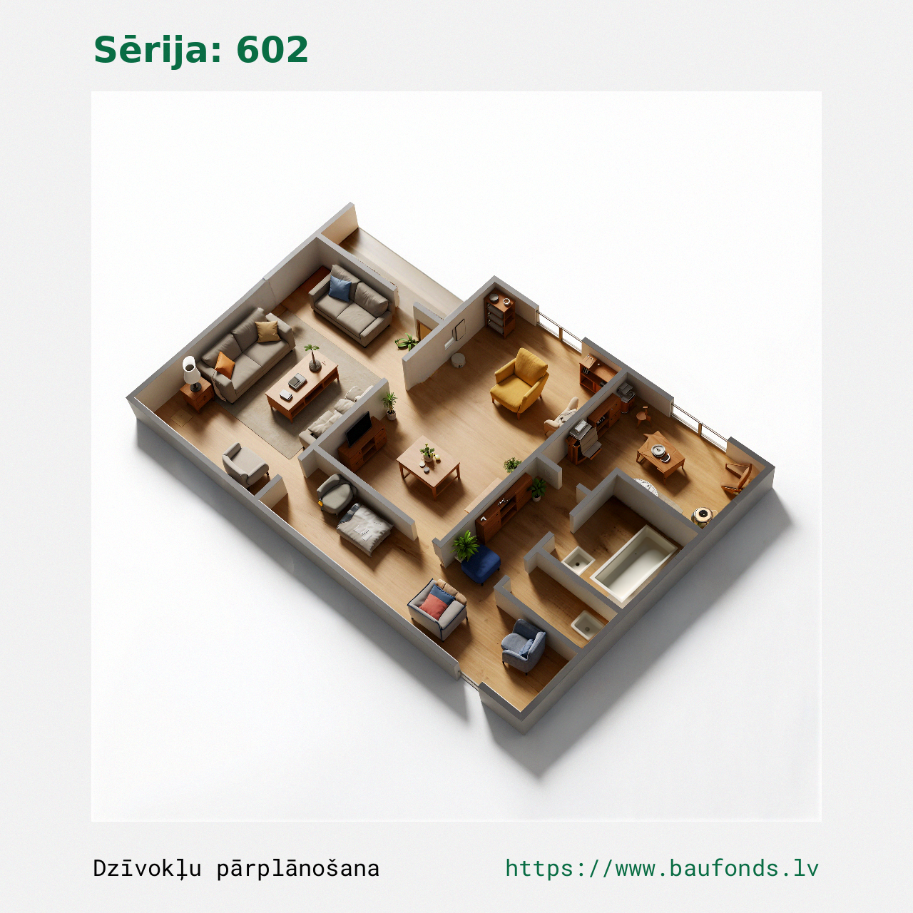 Dviejų kambarių butas, 602 serija (602-B2/2). Plotas 28-50 m² / C