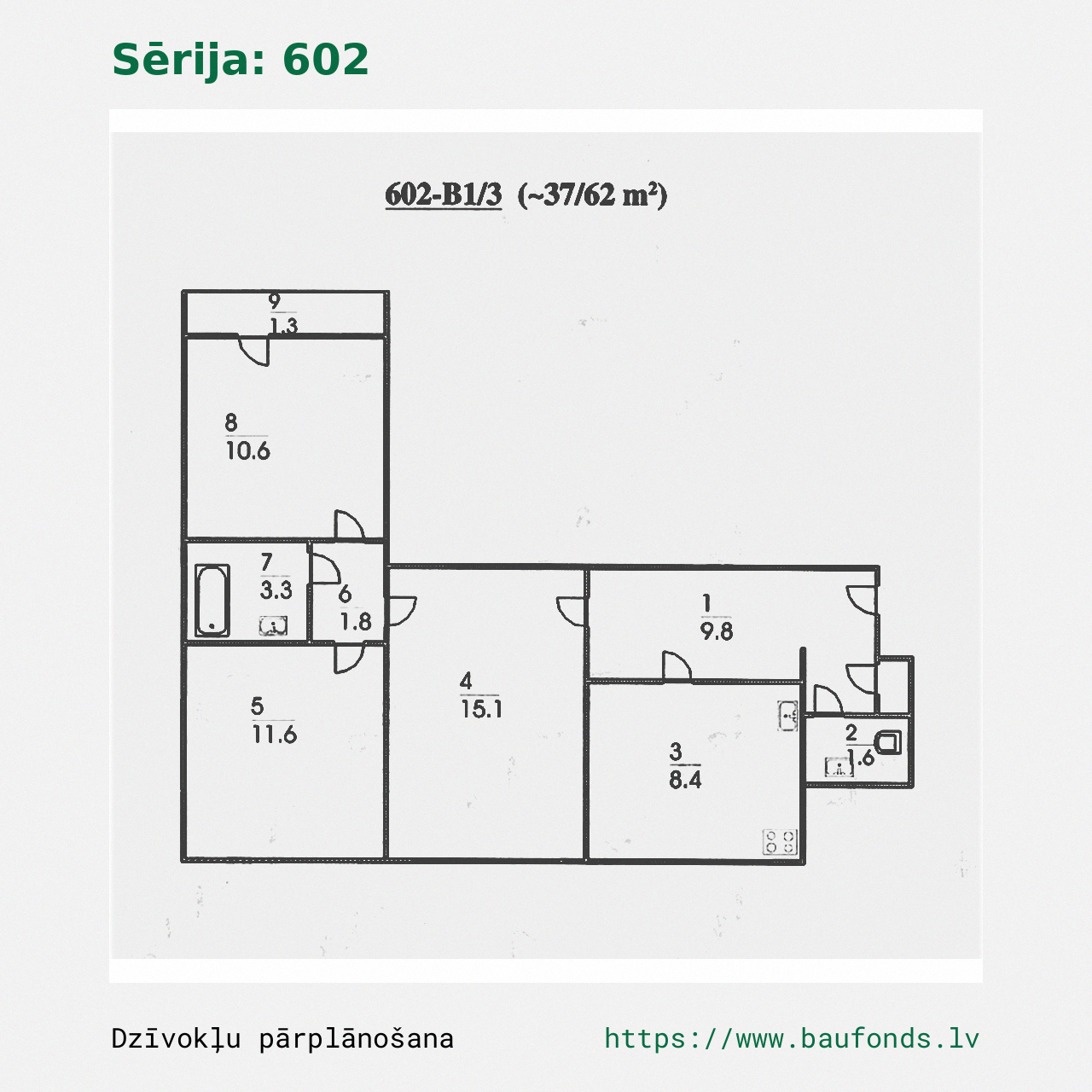 Three-bedroom apartment, Series 602 (602-B1/3). Area 37-62 m² / A