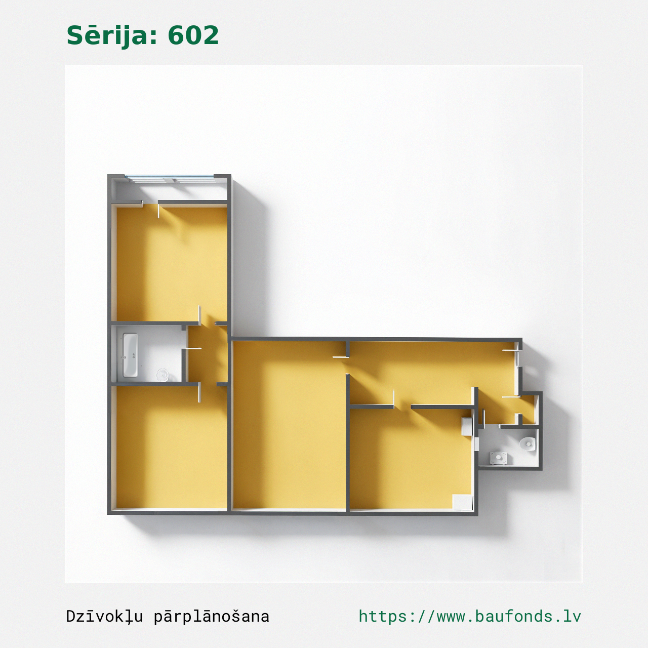 Three-bedroom apartment, Series 602 (602-B1/3). Area 37-62 m² / B