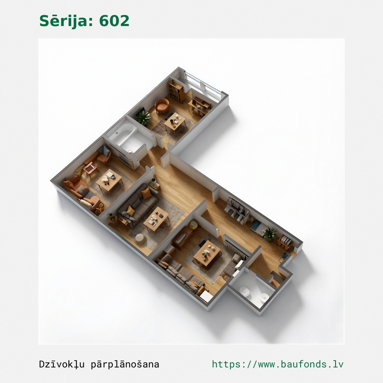 Three-bedroom apartment, Series 602 (602-B1/3). Area 37-62 m² / C