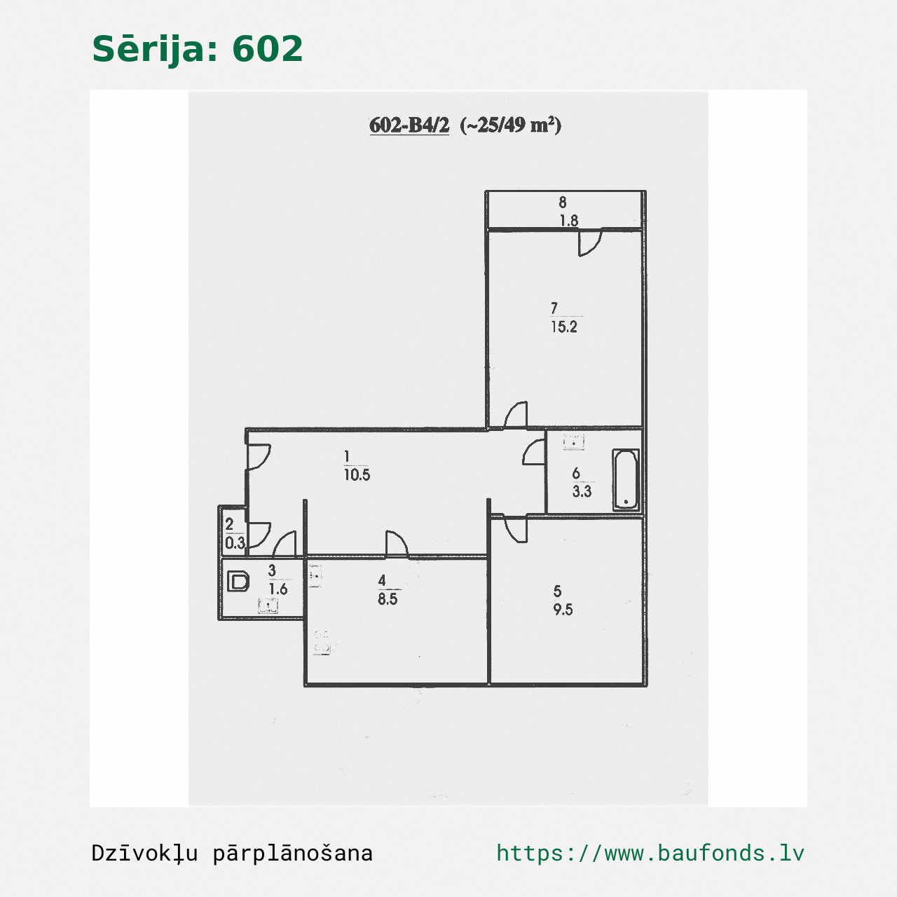 Two-bedroom apartment, Series 602 (602-B4/2). Area 25-49 m² / A