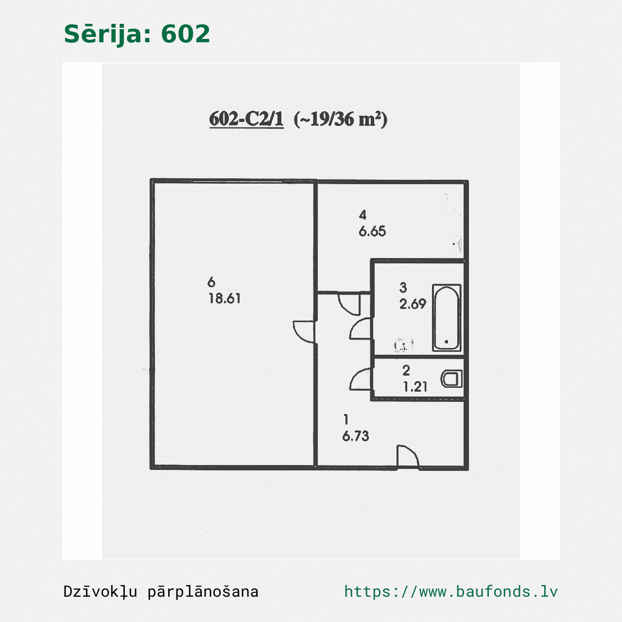 One-bedroom apartment, Series 602 (602-C2/1). Area 19-36 m² / A