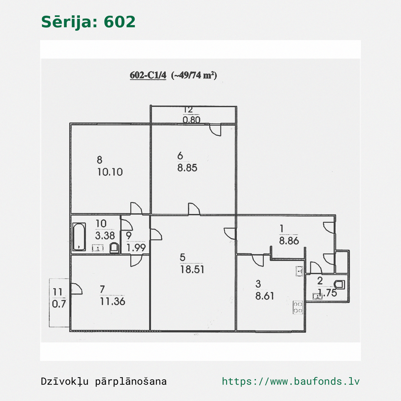 Four-bedroom apartment, Series 602 (602-C1/4). Area 49-74 m² / A