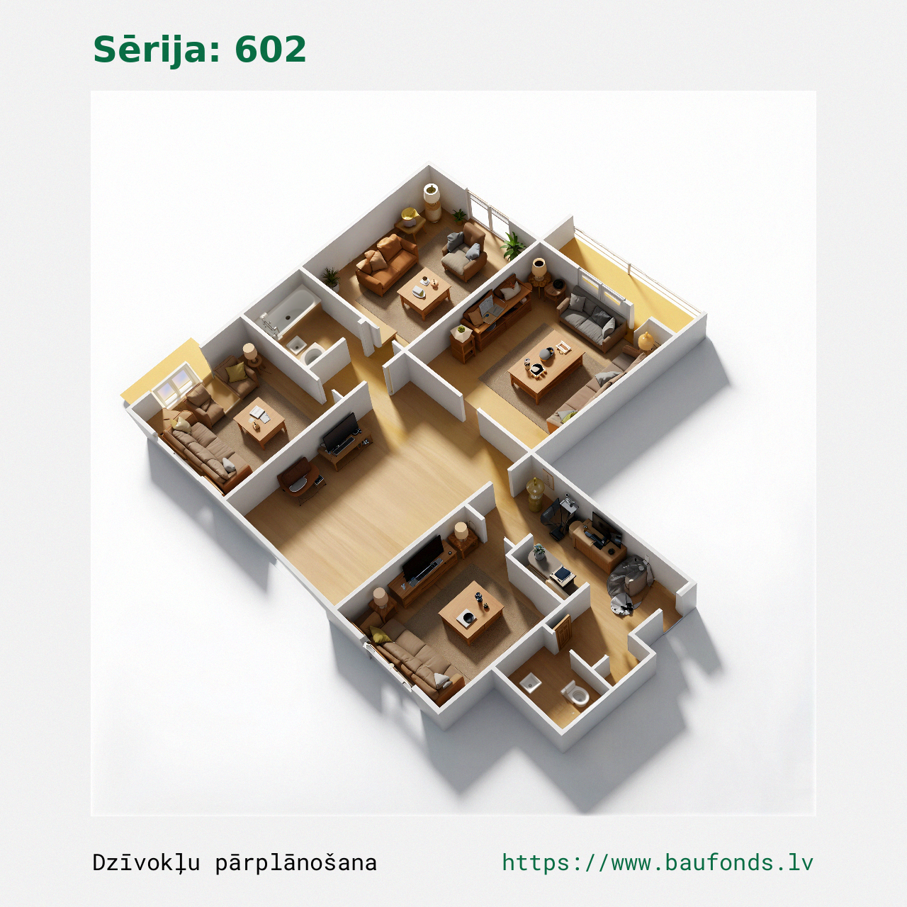 Four-bedroom apartment, Series 602 (602-C1/4). Area 49-74 m² / C