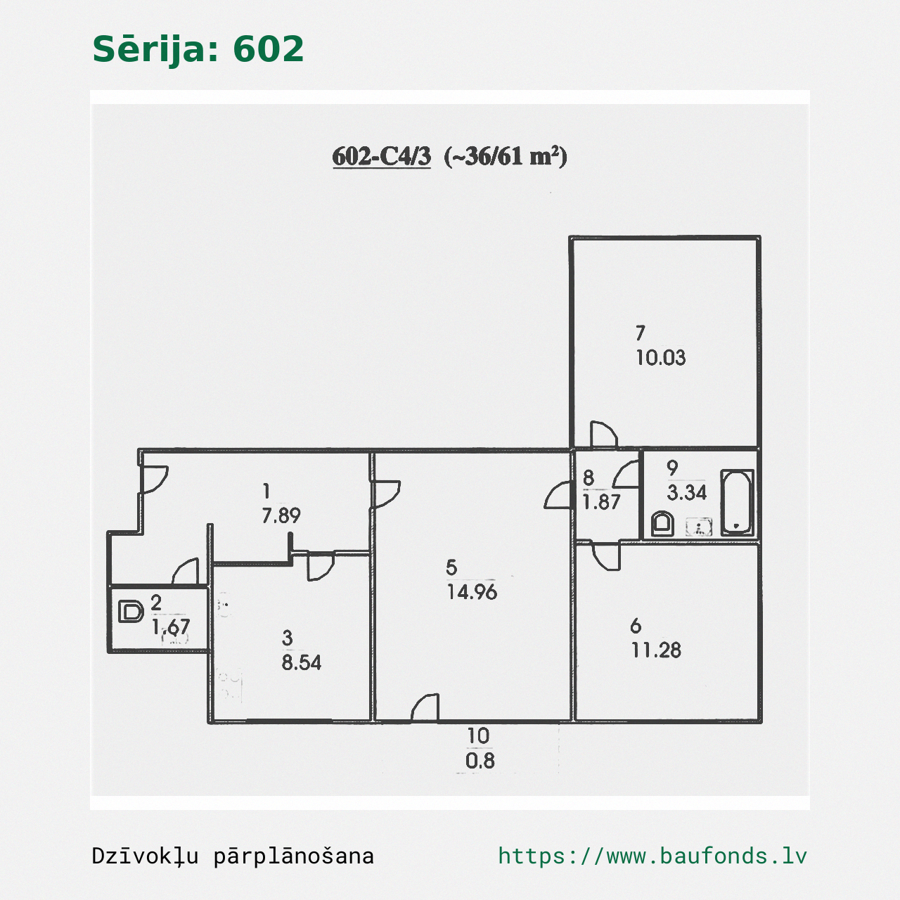 Three-bedroom apartment, Series 602 (602-C4/3). Area 36-61 m² / A