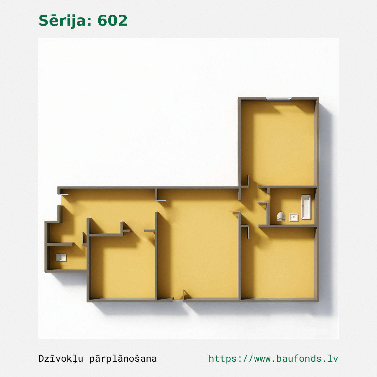Three-bedroom apartment, Series 602 (602-C4/3). Area 36-61 m² / B