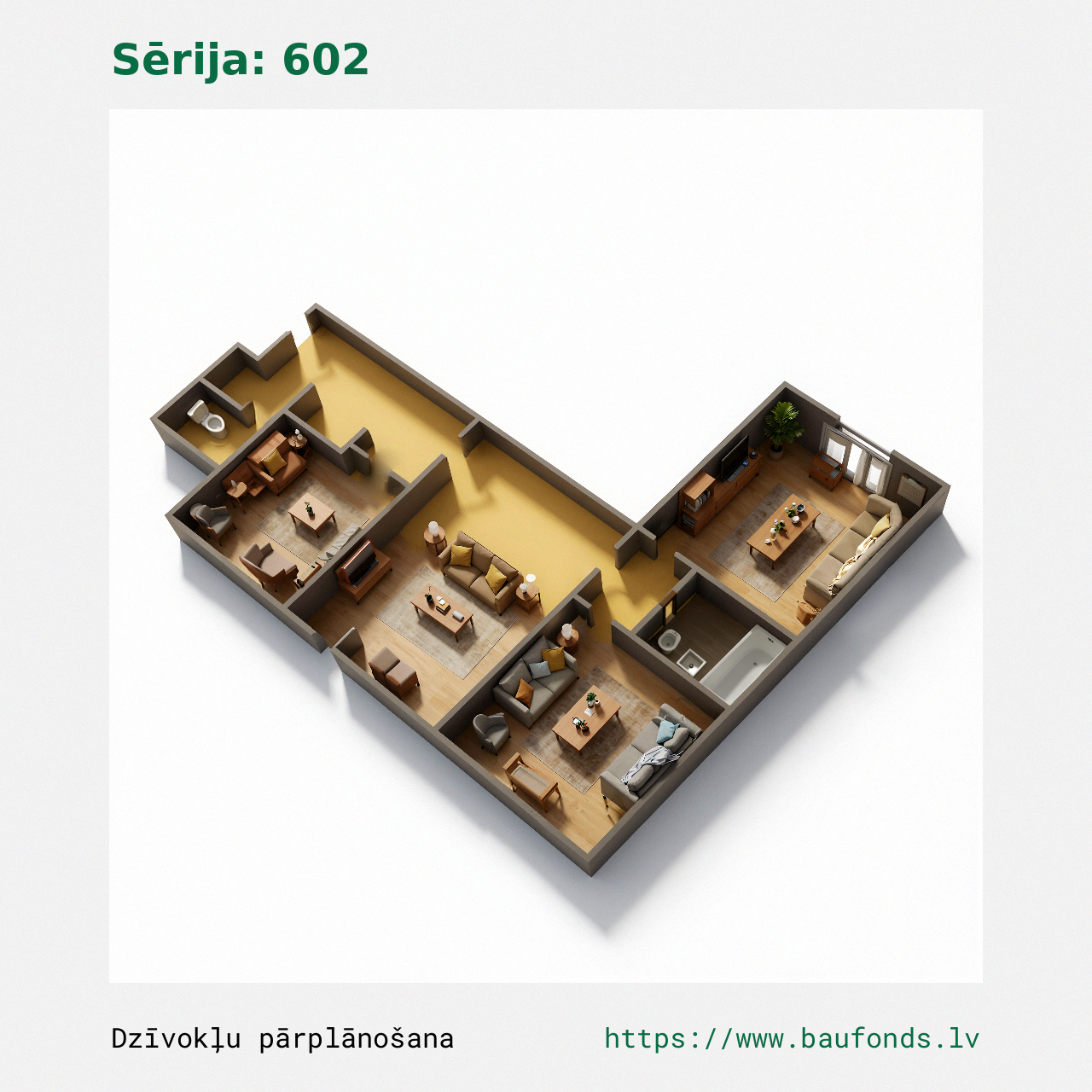 Three-bedroom apartment, Series 602 (602-C4/3). Area 36-61 m² / C