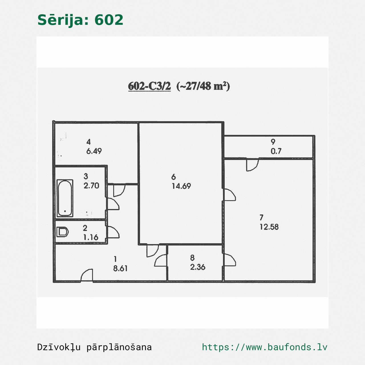 Two-bedroom apartment, Series 602 (602-C3/2). Area 27-48 m² / A