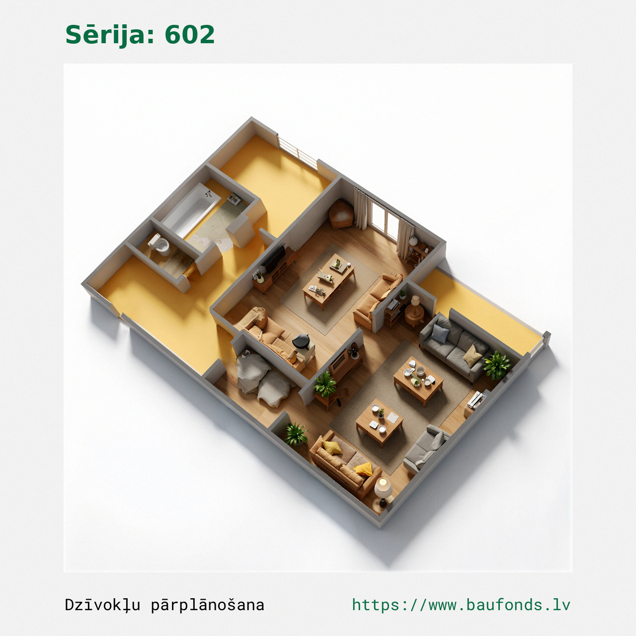 Two-bedroom apartment, Series 602 (602-C3/2). Area 27-48 m² / C