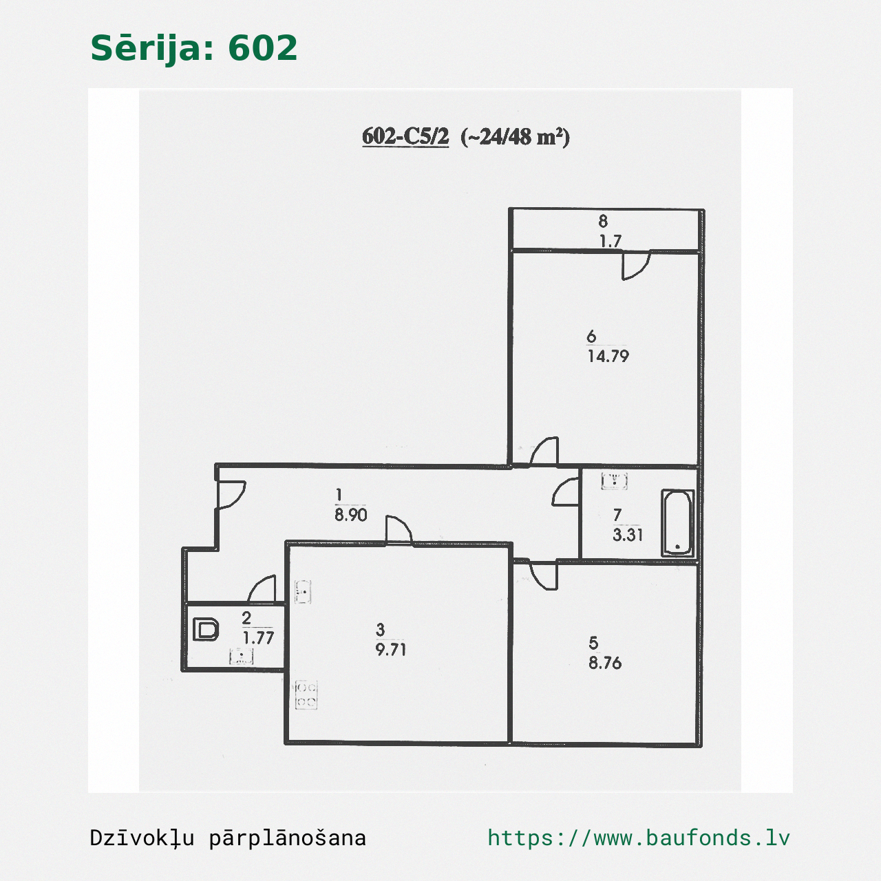 Two-bedroom apartment, Series 602 (602-C5/2). Area 24-48 m² / A