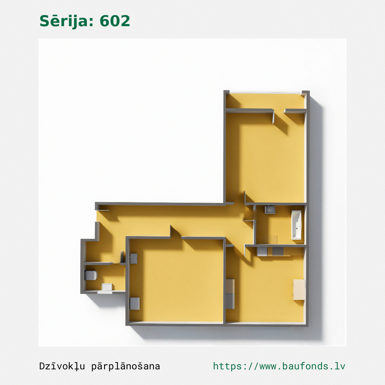 Two-bedroom apartment, Series 602 (602-C5/2). Area 24-48 m² / B