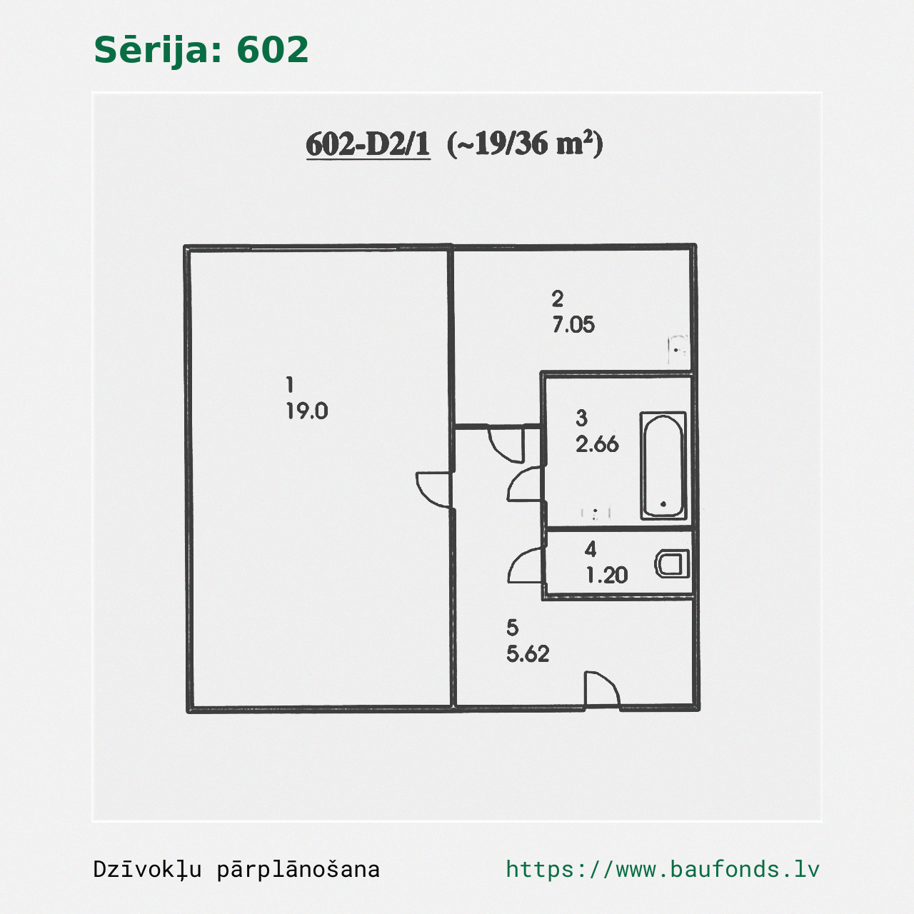 One-bedroom apartment, Series 602 (602-D2/1). Area 19-36 m² / A