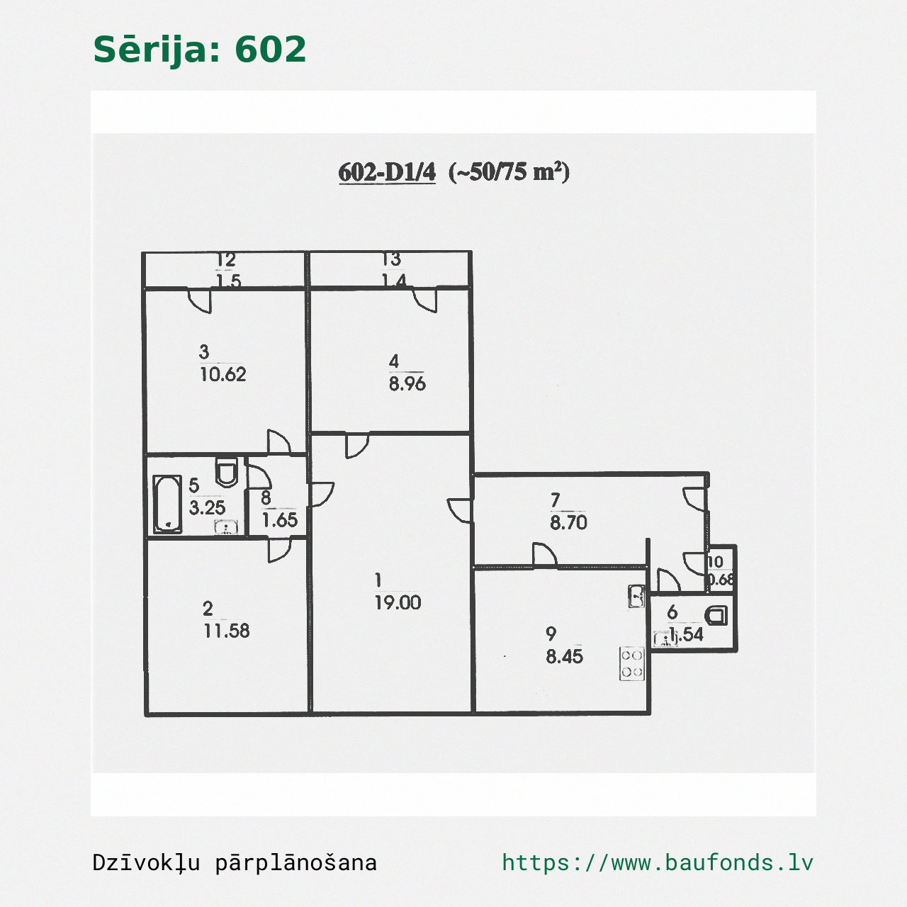 Four-bedroom apartment, Series 602 (602-D1/4). Area 50-75 m² / A