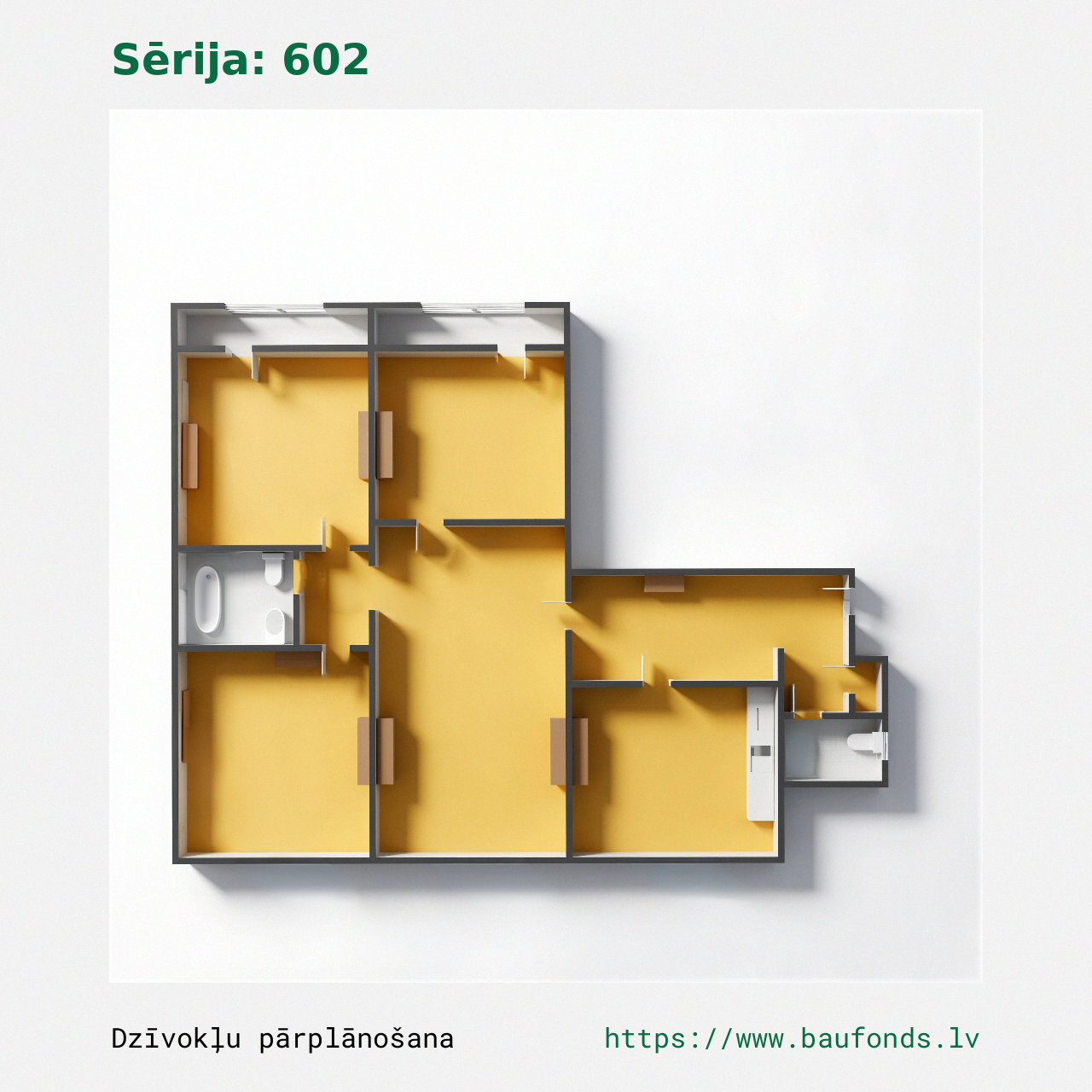 Four-bedroom apartment, Series 602 (602-D1/4). Area 50-75 m² / B